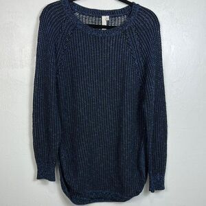 SI-IAE Cotton Blend Black Navy Curved Hem Open Knit Sweater Size L